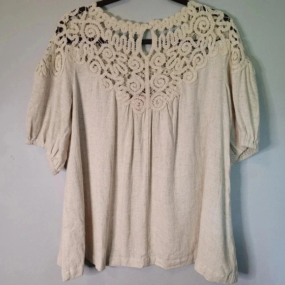 UMGEE linen cotton crochet lace balloon sleeve BOHO blouse top, oatmeal size M - Picture 6 of 9